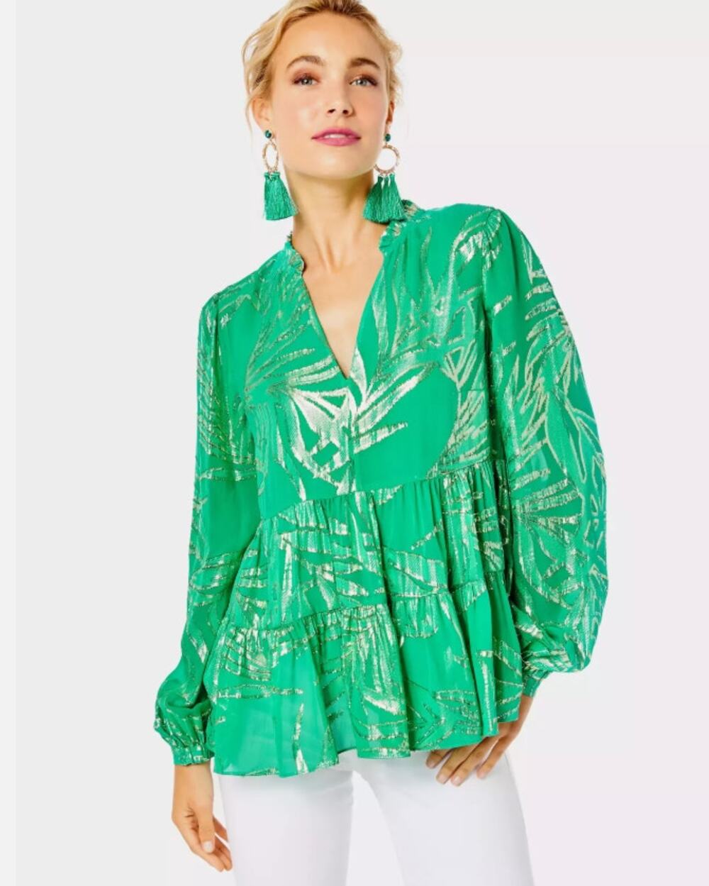 Lilly Pulitzer Sarita Silk Top Botanical Green Gold Palm Leaf Silk Clip Chiffon